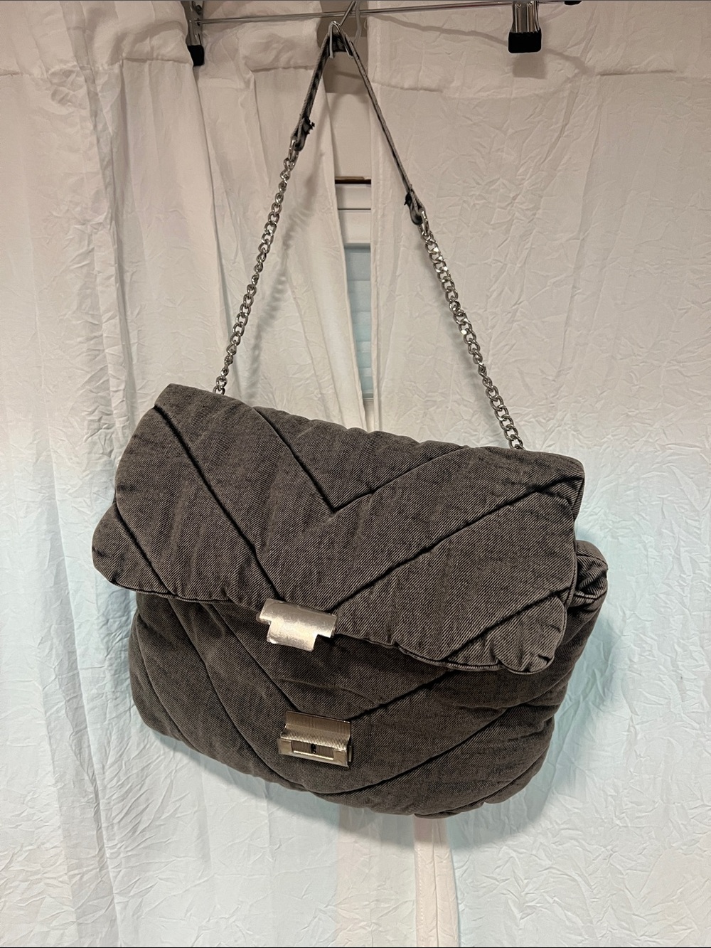Zara Quilted Shoulder Bag in Dark Gray with Silver Chain